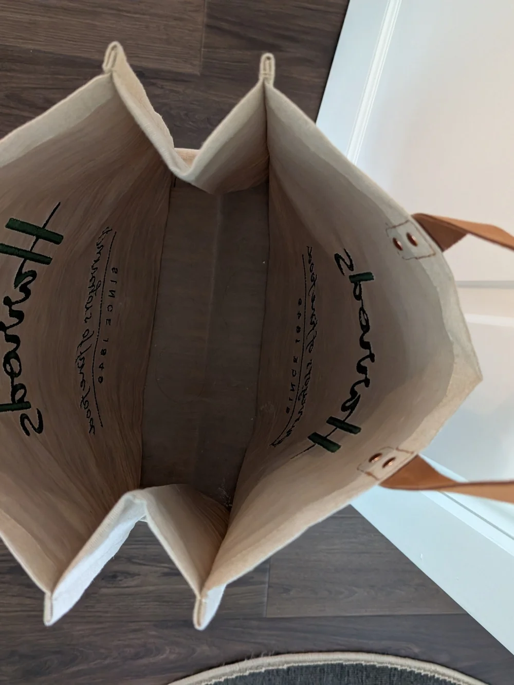 Harrods Jute / Canvas Tote Reusable Shopping/ Personal Bag With Leather Handles